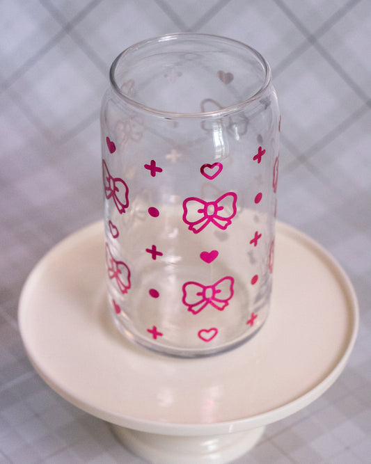 Glass cup with patterned pink bows vinyl
